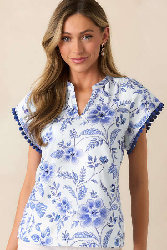 Blue Elegant Floral Print Ricrac Trim Short Sleeve Blouse