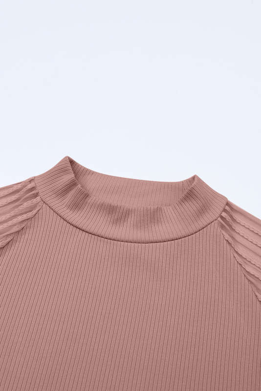Pink Black Striped Mesh Long Sleeve Crewneck Ribbed Top