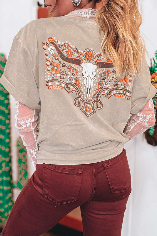 Smoke Gray Mineral Wash Floral Steer Head Printed Back Western Fashion Tee