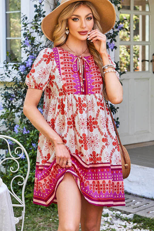 Rose Boho Floral Short Sleeve Lace-up V Neck Mini Dress