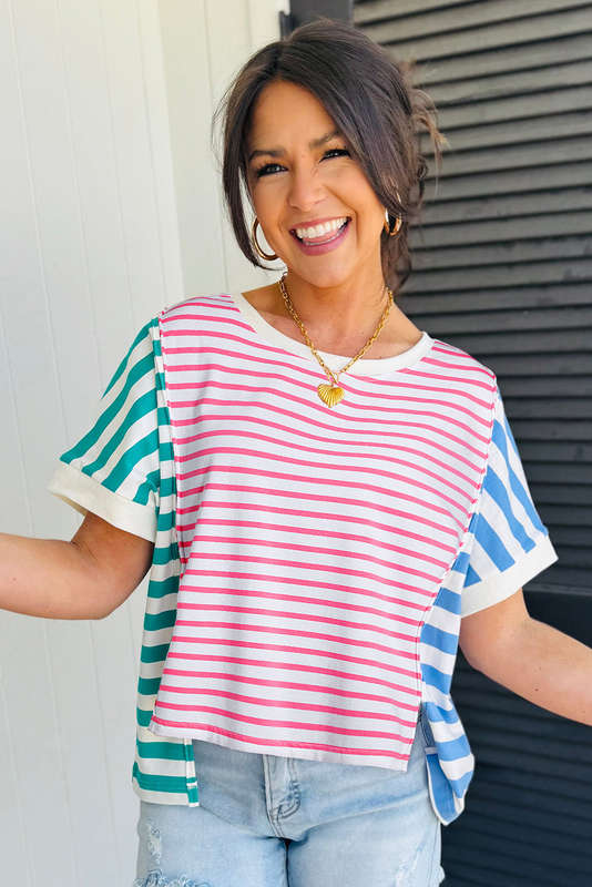 Pink Stripe Mixed Pattern Patchwork Uneven Hem Loose Tee