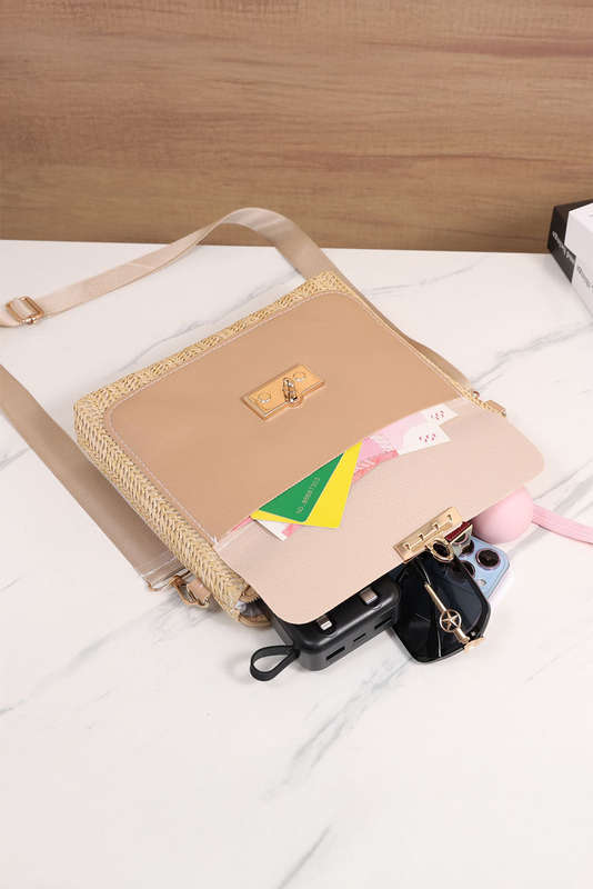 Thai Curry Leather Pocket Patchwork Straw Woven Shoulder Bag