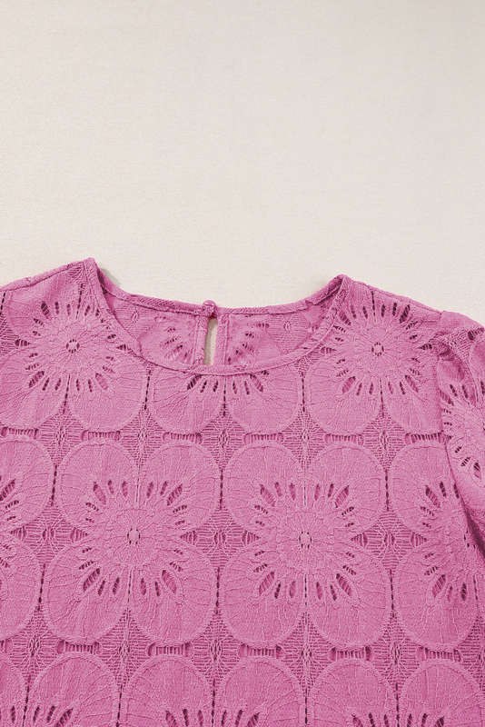 Bright Pink Flower Eyelet Jacquard Keyhole Flounce Sleeve Top