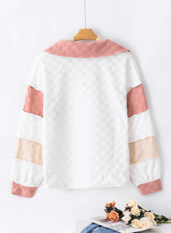 White Plaid Patchwork Exposed Seam V Neck Loose Blouse