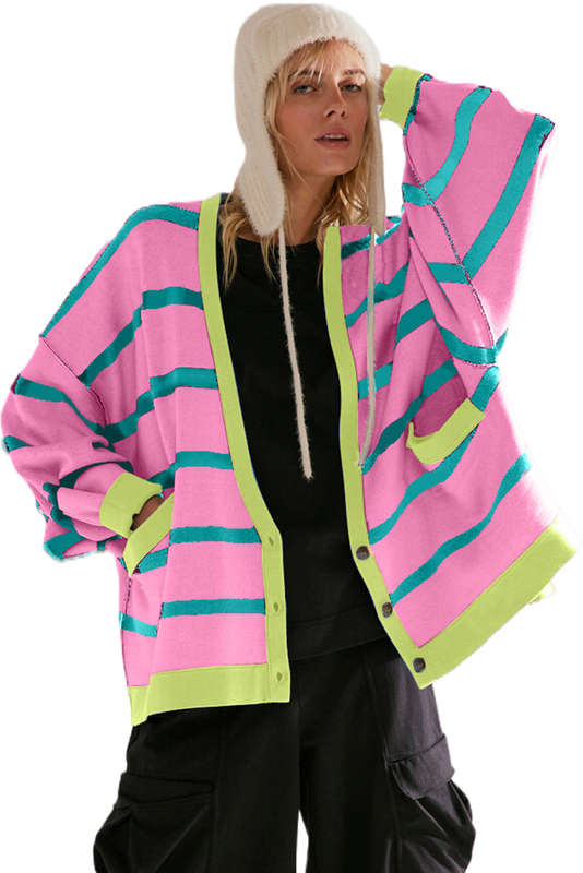 Pink Stripe Colorblock Drop Shoulder Buttoned Loose Cardigan