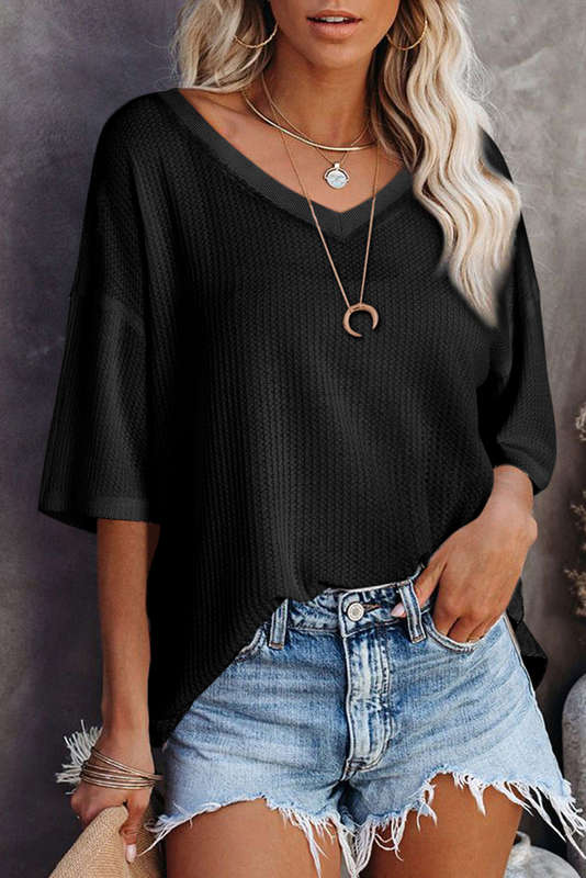 Black Waffle Texture Ribbed V Neck Drop Shoulder Loose Tee