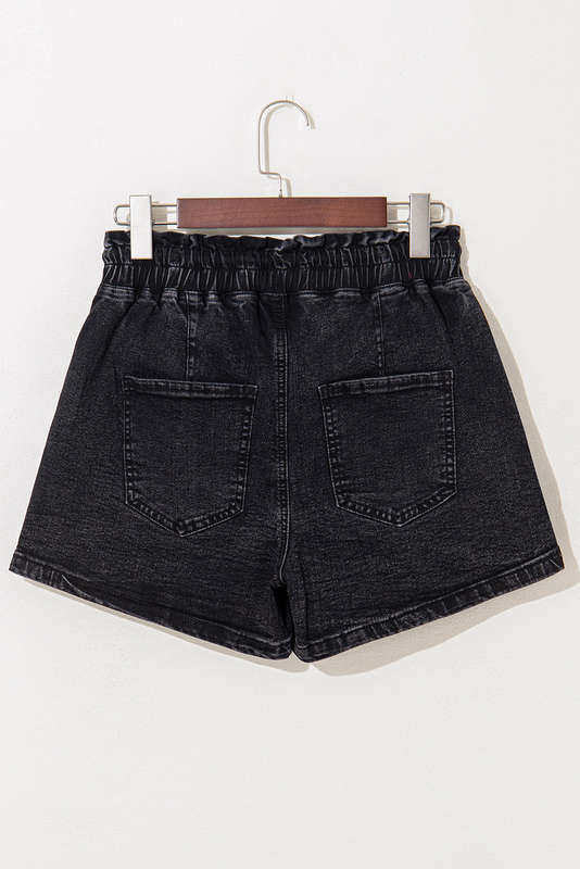Black Drawstring High Waist Casual Denim Shorts with Pockets