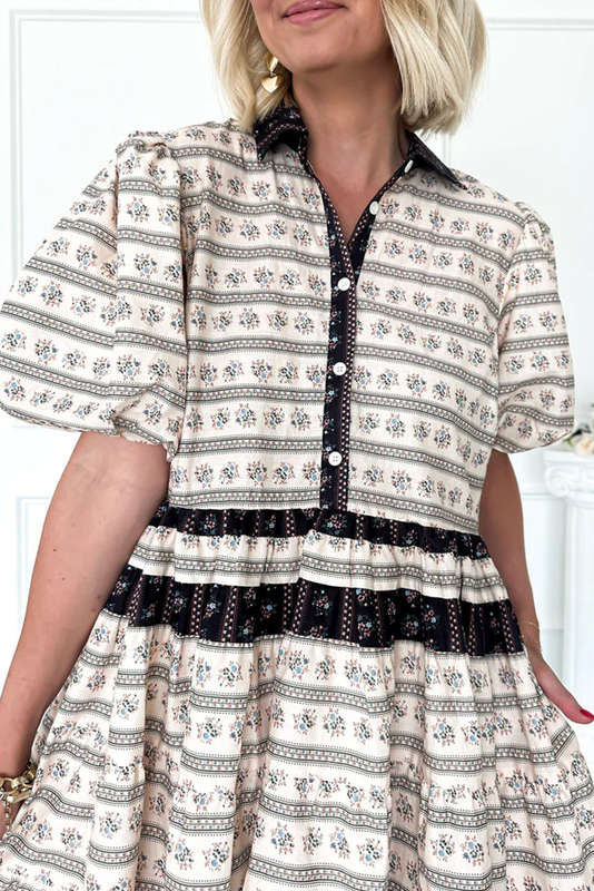 Black Boho Floral Striped Contrast Trim Bubble Sleeve Flared Dress