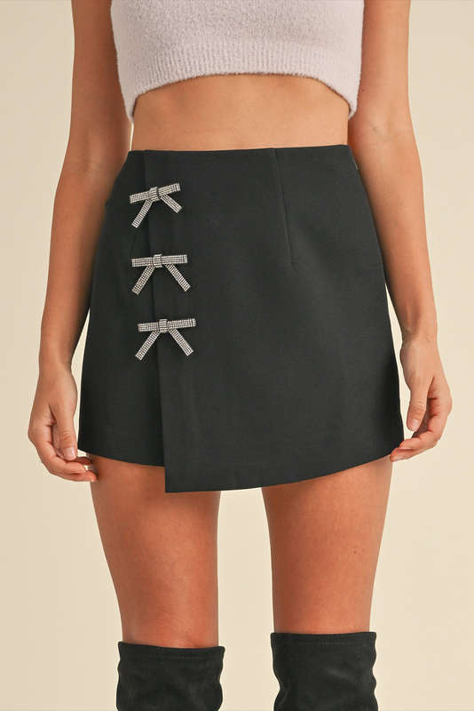 Black Rhinestone Bow Wrap High Waist Mini Skirt