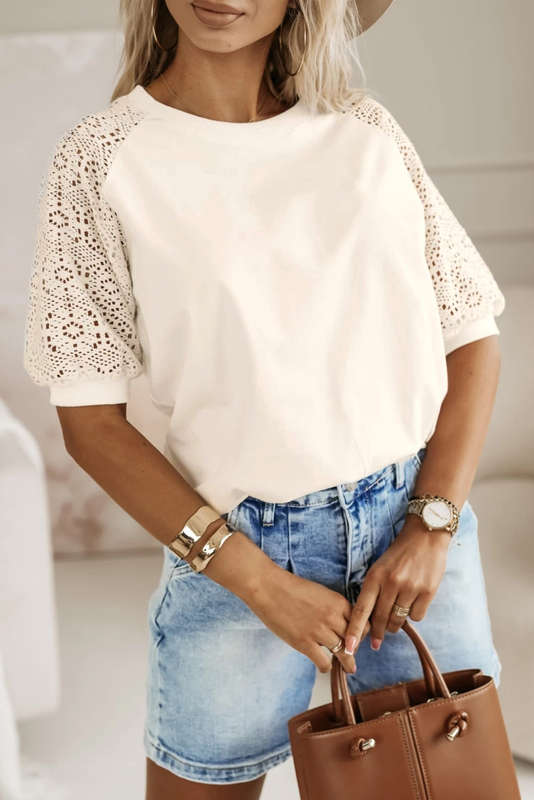 Jet Stream Lace Crochet Short Sleeve Round Neck T Shirt