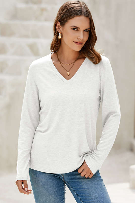 White Solid Color V Neck Long Sleeve Stretchy Top