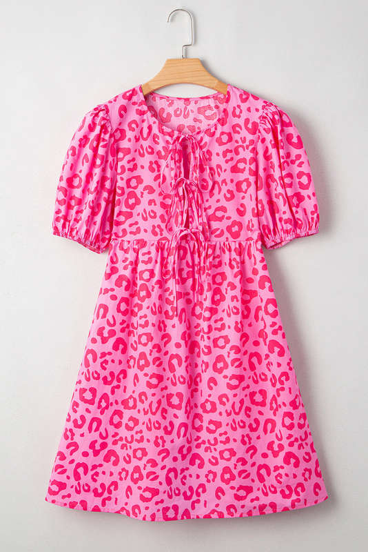 Rose Leopard Puff Sleeve Tie Front High Waist Mini Dress