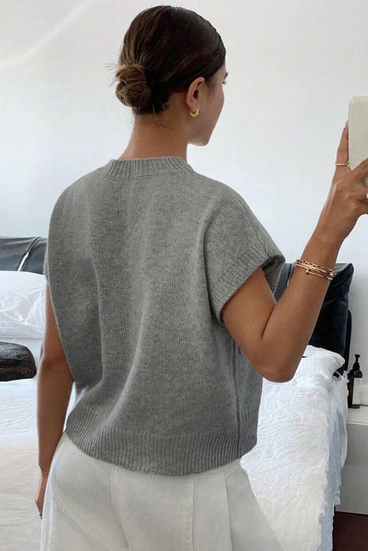 High Flower Pattern Ribbed Trim Short Sleeve Boxy Sweater