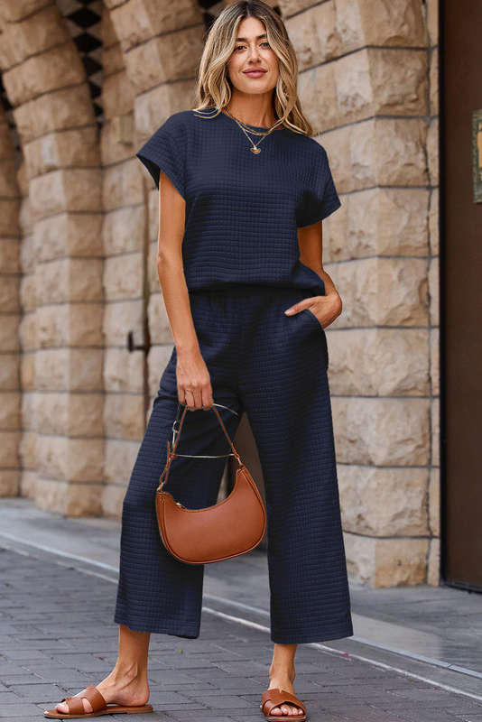 Navy Blue Solid Color Textured Short Sleeve Top and Casual Pants Set