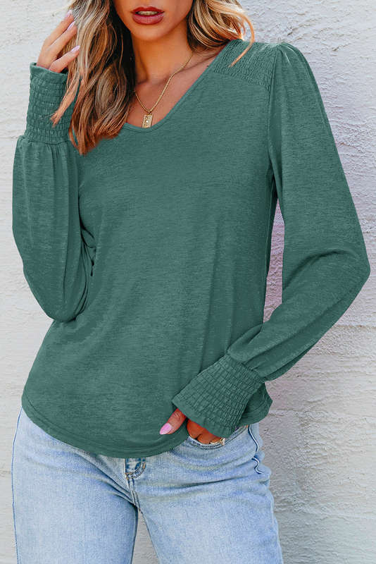 Blackish Green Shirred Shoulder Frilled Cuffs Long Sleeve Top