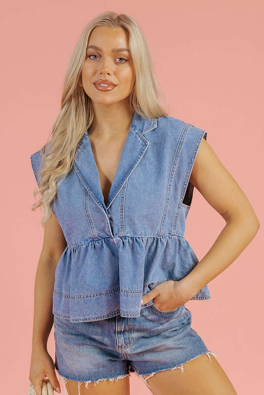 Dusk Blue Lapel Denim Babydoll Top