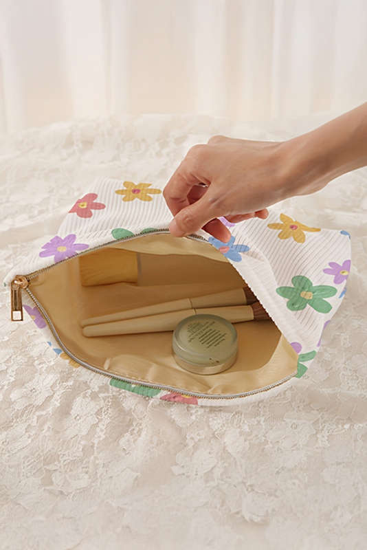 White Flower Print Rib Textured Large Cosmetic Bag