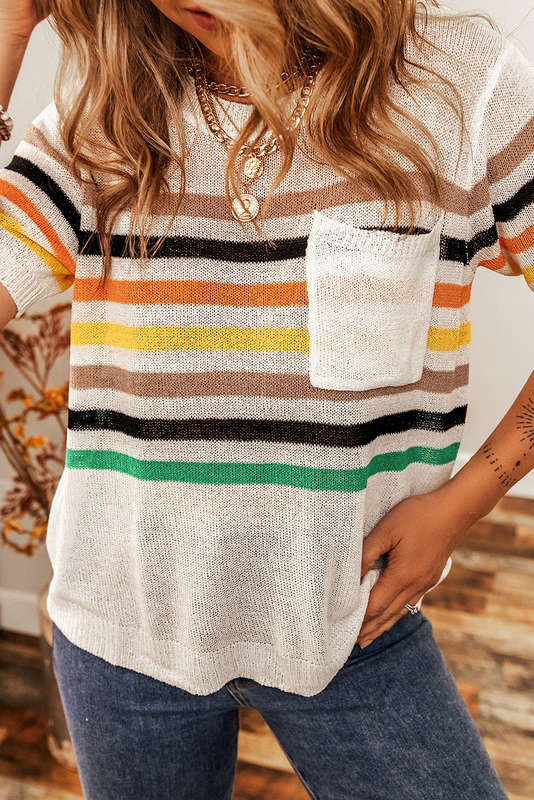 White Striped Pocketed Loose Fit Crewneck Knitted T Shirt
