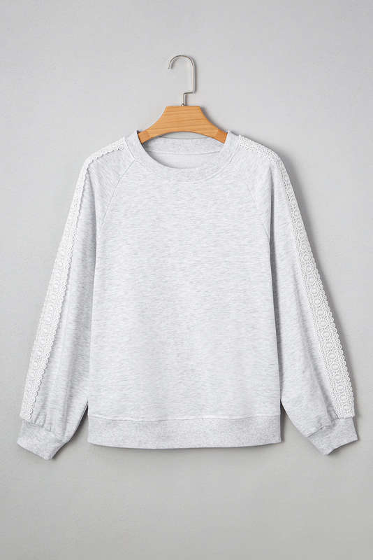 Light Grey Lace Patchwork Raglan Sleeve Crew Neck Sweatshirt