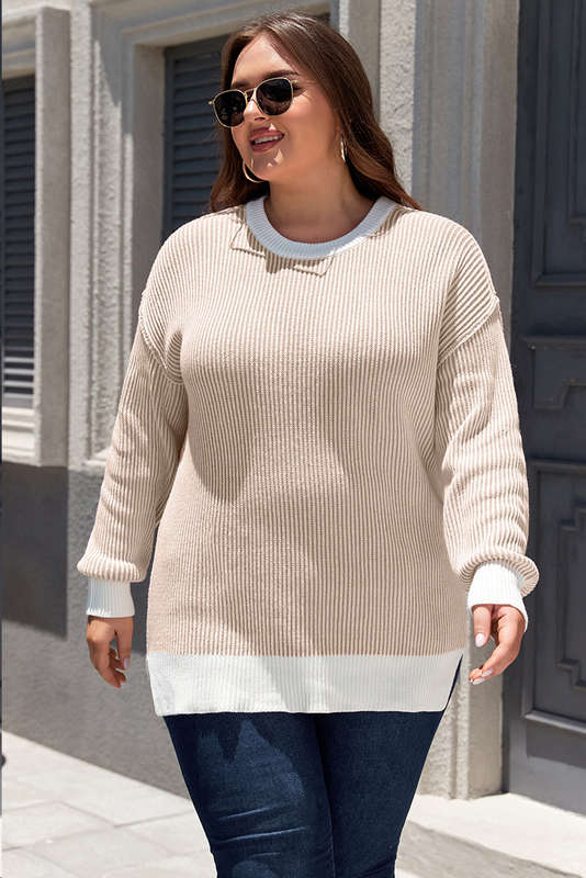 Brown Stripe Plus Size Contrast Trim Crew Neck Rib Knit Drop Shoulder Sweater