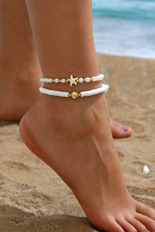 White Starfish Shell Pearl Decor Beaded Double Layer Anklet