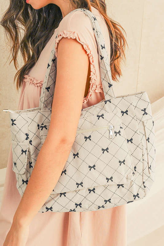 White Bow Knot Plaid Print Large Tote Bag