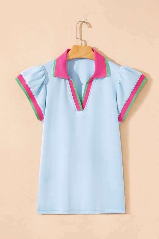 Beau Blue Color Contrast Ruffled Sleeve Collared V Neck Blouse