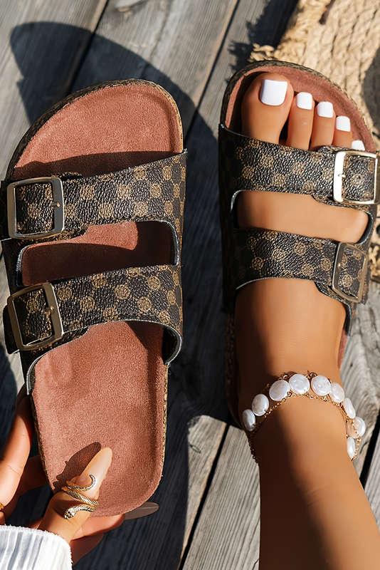 Coffee Geometric Print Cut Out Buckle PU Leather Flat Slippers