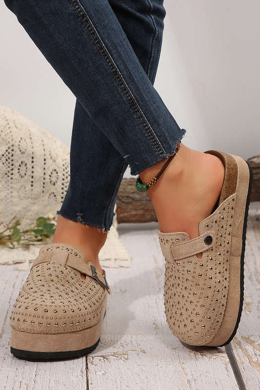 Parchment Rivet Buckle Closed Toe Platform Slippers