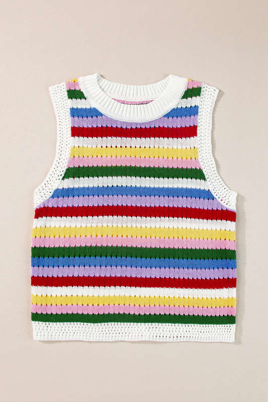 Multicolour Striped Knitted Eyelet Slim Sweater Vest