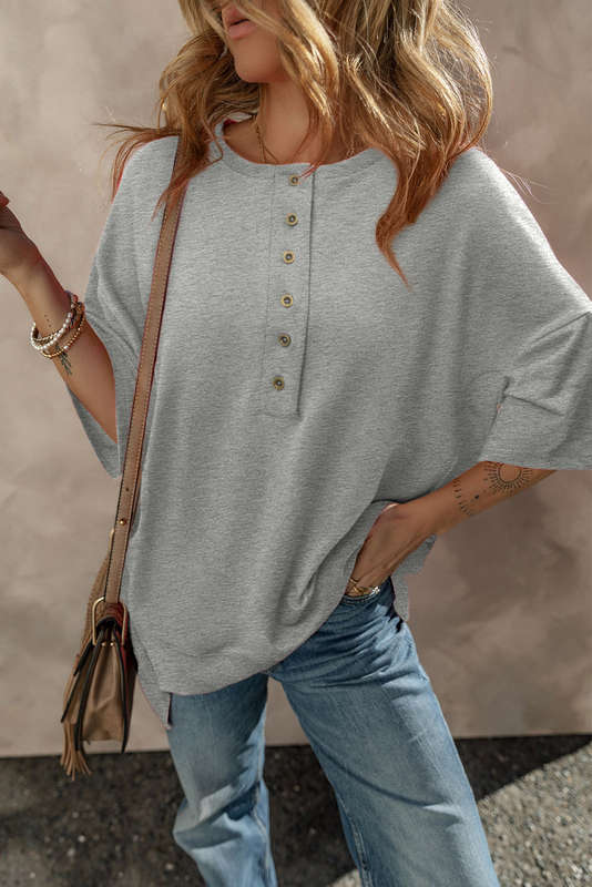 Gray Exposed Seam Button Neck Wide Sleeve Tunic Top