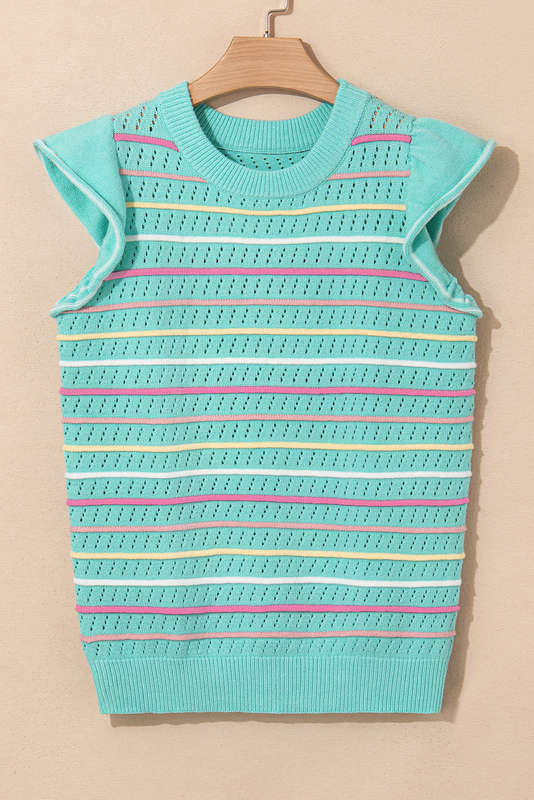 Green Knitted V-Neck Casual Top with Raw Seam Detail