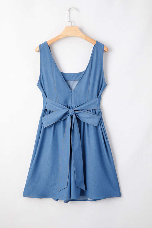 Myosotis Square Neck Pleated Waist V Cut Backless Tied Fit and Flare Dress