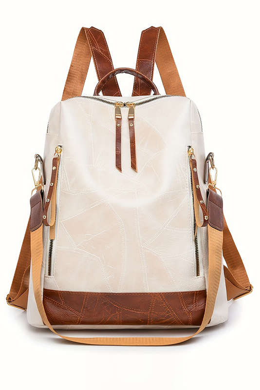 White Multi Compartment Zipper PU Leather Large Capacity Backpack
