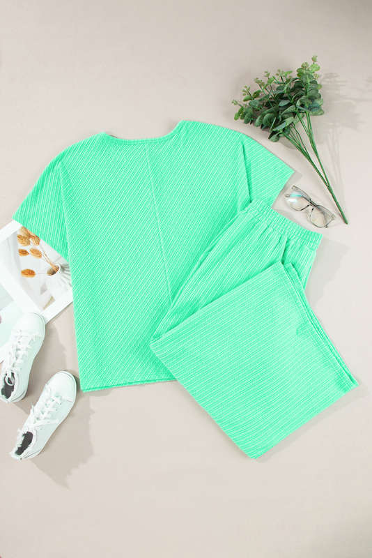Mint Green Textured Batwing Sleeve Tee Wide Leg Pants Plus Size Set