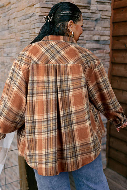 Brown Plaid Print Flap Pocket Buttoned Plus Size Shacket