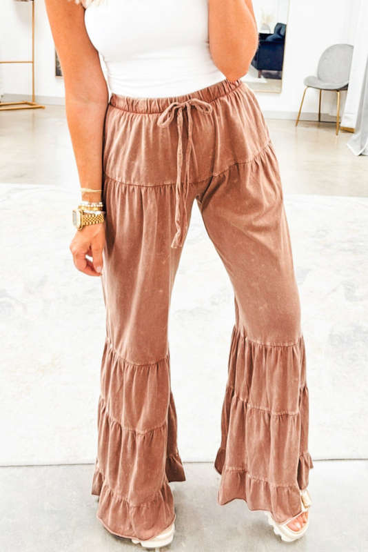 Straw Yellow Mineral Wash Lace-up High Waist Tiered Bell Bottom Pants