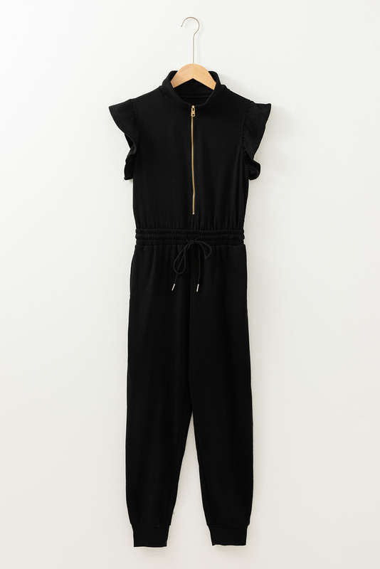 Black Zipper Flutter Sleeve Drawstring High Waist Jumpsuit