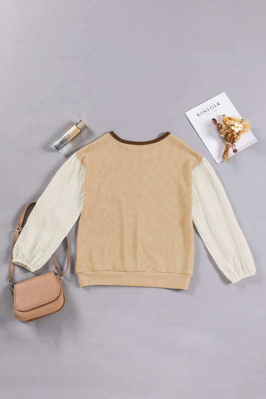 Smoke Gray Textured Patchwork Crew Neck Puff Sleeves Blouse