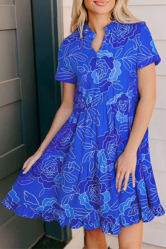 Blue Floral Ruffled Hem V Neck Short Sleeve Flowy Mini Dress