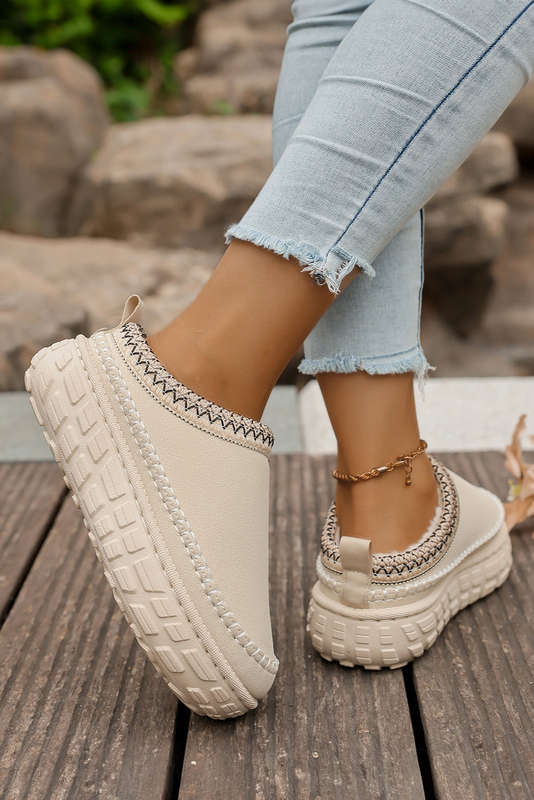 White Contrast Stitch Detail Faux Suede PU Patchwork Plush Winter Clog Slippers