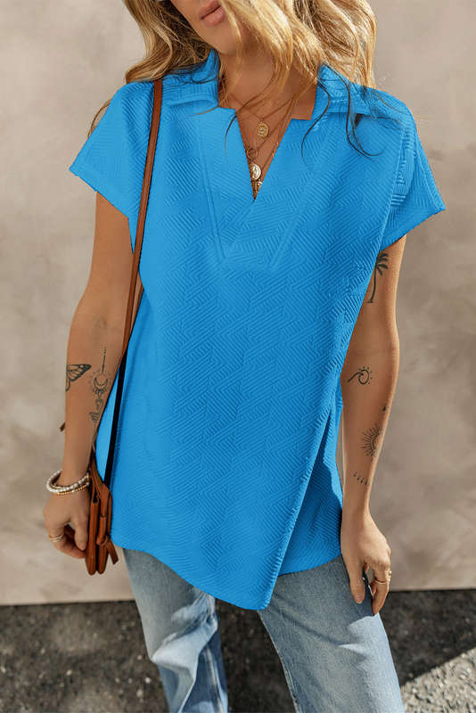 Sky Blue Textured V Neck Collared Short Sleeve Top