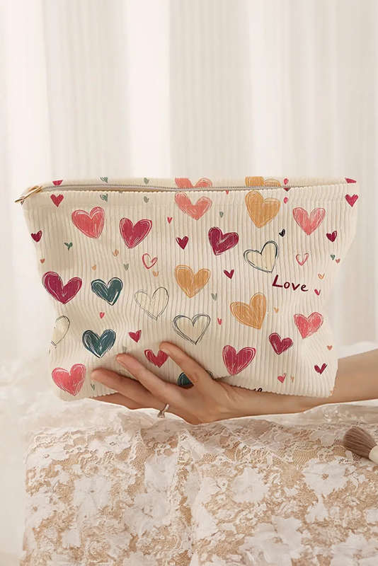 White Love Heart Print Ribbed Canvas Makeup Bag