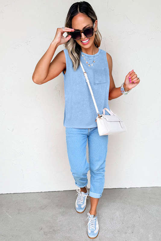 Beau Blue Mineral Wash Patched Chest Pocket Casual Tank Top