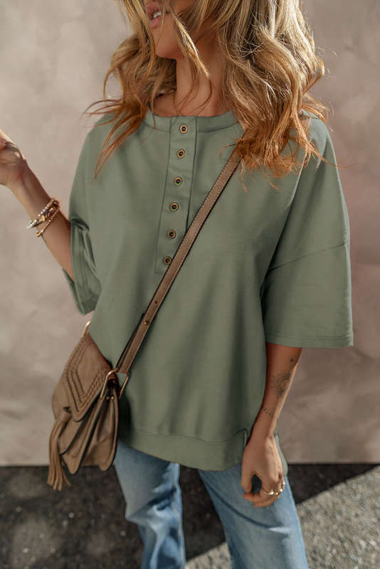 Jungle Green Exposed Seam Button Neck Wide Sleeve Tunic Top