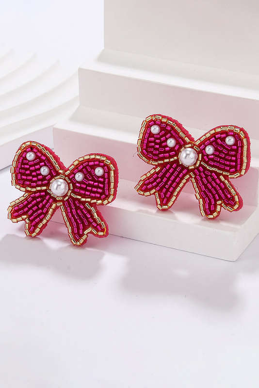 Rose Red Pearl Rice Bead Bow Knot Shape Stud Earrings