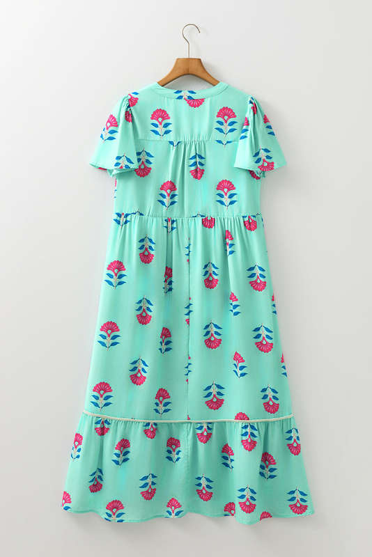 Green Floral Print Notched Neck Butterfly Sleeve Shift Long Dress