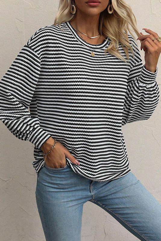Black Stripe Round Neck Drop Shoulder Long Sleeve Top