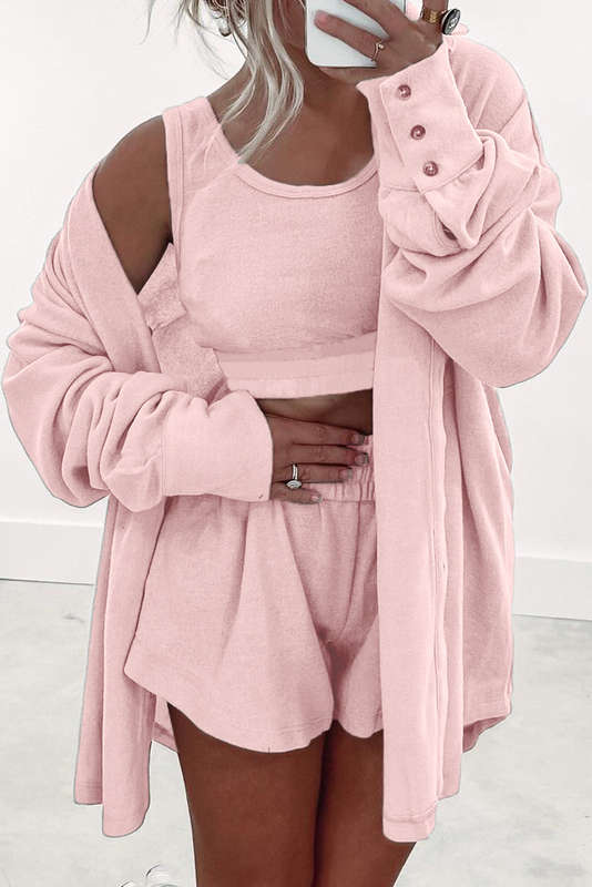 Light Pink 3 Pcs Crop Tank Top Shorts with Cardigan Lounge Set