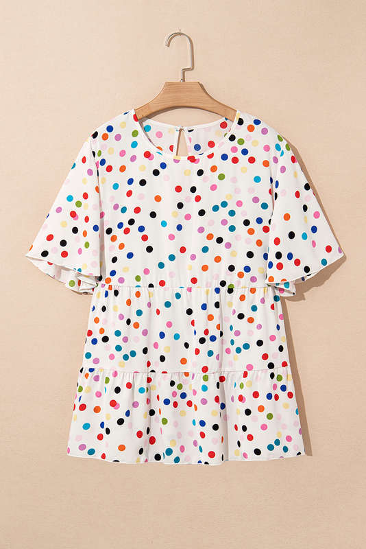 Beige Colorful Polka Dot Print Short Sleeve Ruffled Plus Size Babydoll Blouse